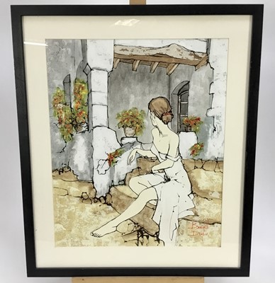 Lot 394 - Bernard Dufour (1922-2016) French, print on board, young lady seated on stone steps, mounted in glazed frame, 44cm x 36.5cm