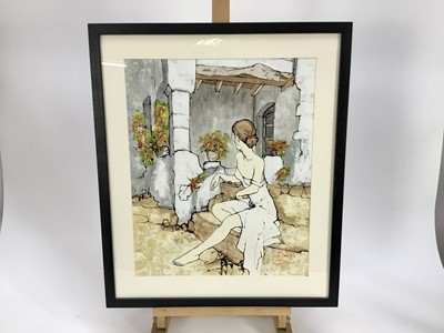 Lot 322 - Bernard Dufour (1922-2016) French, print on board, young lady seated on stone steps, mounted in glazed frame, 44cm x 36.5cm