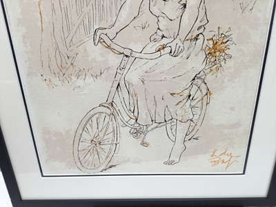 Lot 37 - Andre Bafi (Bernard Dufour) (1922-2016) French, oil on board, young lady on bicycle, mounted in glazed frame, 36 x 43cm together with another similar 36 x 45cm (2)
