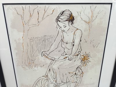Lot 319 - Andre Bafi (Bernard Dufour) (1922-2016) French, oil on board, young lady on bicycle, mounted in glazed frame, 36 x 43cm together with another similar 36 x 45cm (2)
