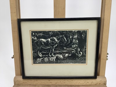 Lot 43 - 20th century English School woodblock print of a farmer at rest with Shire Horse, 16cm x 10cm in glazed frame