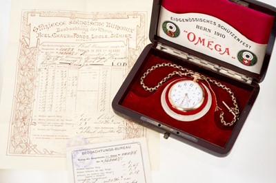 Lot 640 - Edwardian 18ct gold Omega pocket watch Provenance: won by the vendors late Great Grandfather in a shooting competition