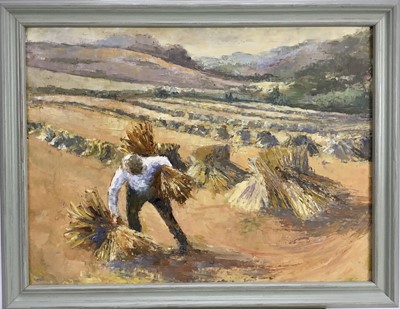 Lot 65 - 20th century English school oil on board study, harvest landscape gathering straw, in painted wood frame, 39.5 x 29.5cm