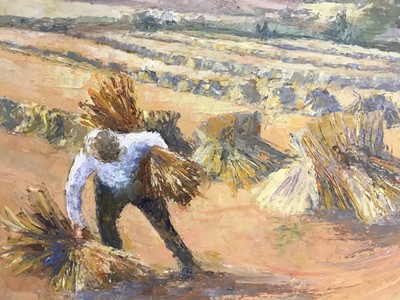 Lot 65 - 20th century English school oil on board study, harvest landscape gathering straw, in painted wood frame, 39.5 x 29.5cm