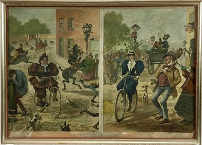 Lot 120 - Cycling cartoon circa 1900 - 'Cycling, Two styles of National Dress', 53cm x 37cm in glazed frame