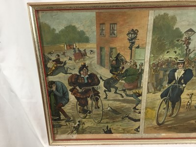 Lot 120 - Cycling cartoon circa 1900 - 'Cycling, Two styles of National Dress', 53cm x 37cm in glazed frame