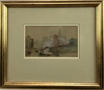 Lot 124 - Paul Marny (French) signed 19th century watercolour - river scene with bridge and cathedral, 20cm x 12cm, in glazed frame