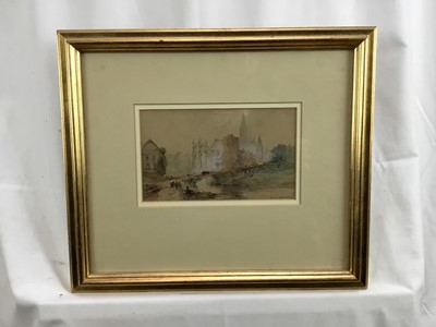 Lot 124 - Paul Marny (French) signed 19th century watercolour - river scene with bridge and cathedral, 20cm x 12cm, in glazed frame
