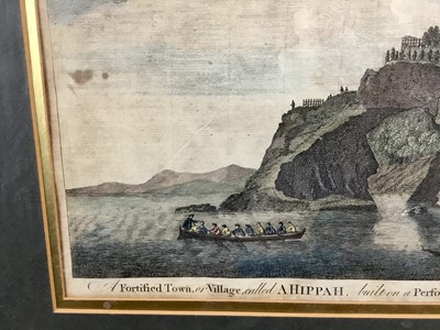 Lot 126 - 18th century hand coloured engraving - 'A Fortified town called Ahippah,.. Tolaga,.. New Zealand', pub. London, possibly 1785, by Alexander Hogg, 33cm x 22cm, in glazed frame
