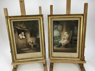 Lot 128 - A pair of hand coloured 19th century stipple engravings - 'A Peasant Smoking' and 'A Cottage Seamstress', pub. London 1802 Clay & Scriven, both images 20cm x 28cm, in glazed frames (2)