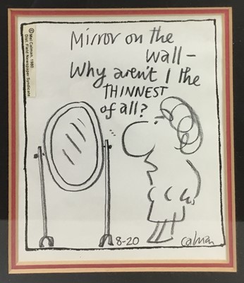 Lot 180 - Mel Calman (1931-1994) 1980s pencil cartoon "Mirror on the wall - why aren't I the thinnest of all?", signed and dated, in glazed frame