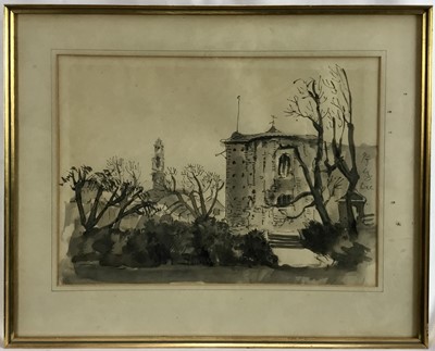 Lot 195 - Mid 20th century wash picture depicting Colchester castle, signed and dated '48, 26 x 37cm, glazed frame