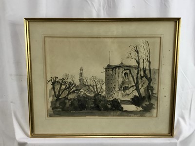 Lot 170 - Mid 20th century wash picture depicting Colchester castle, signed and dated '48, 26 x 37cm, glazed frame