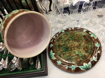 Lot 301 - Majolica cheese dome, antique glassware, Royal Worcester and Tuscan china coffee sets and silver plate