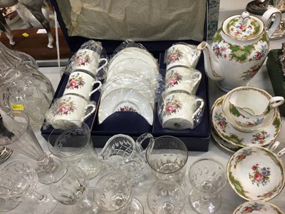 Lot 301 - Majolica cheese dome, antique glassware, Royal Worcester and Tuscan china coffee sets and silver plate