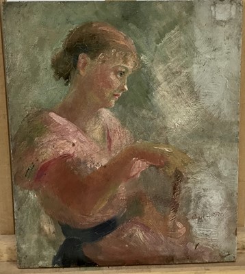Lot 226 - 19th century French oil on panel - young girl, indistinctly signed, 25cm x 29cm, unframed