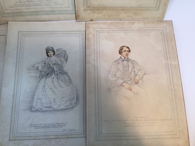 Lot 230 - Late 19th century group of watercolour portraits - the Billiat family, circa 1850, each 19cm x 29cm, in mounts, unframed (6)