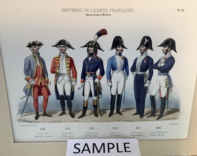 Lot 231 - Charles Vernier (French 19th century) group of military hand coloured lithographs - 'Costume de L'Armée Française': 'Tambours', 'Musiciens', 'Administration Militaire', 'Maison du Roi Mousquetaires...