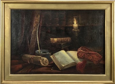 Lot 289 - English School, late 19th century, still life with fez, 38 x 57cm, framed