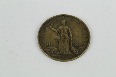 Lot 715 - Crimean War Interest- Bronze medallion, 'Peace & Plenty, in commemoration of the treaty of peace signed at Paris, March 30 1856', approximately 4.2cm in diameter.