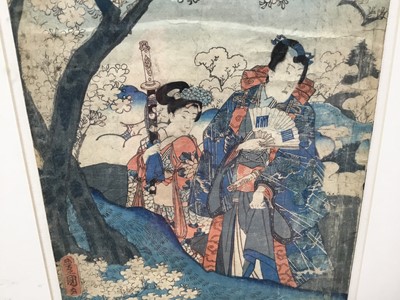 Lot 100 - Pair of Kunisada prints and another - 24cm x 35cm in glazed frames