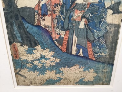 Lot 100 - Pair of Kunisada prints and another - 24cm x 35cm in glazed frames