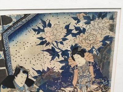 Lot 161 - Pair of Kunisada prints and another - 24cm x 35cm in glazed frames