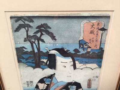 Lot 161 - Pair of Kunisada prints and another - 24cm x 35cm in glazed frames
