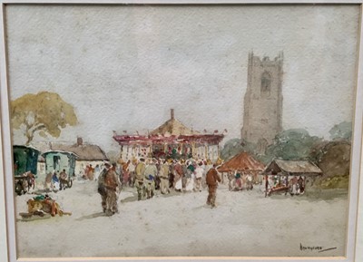 Lot 103 - Charles Hannaford watercolour - Fairground before a church, 27cm x 21cm