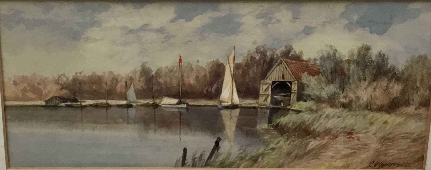 Lot 102 - Charles Harmony Harrison watercolour- the boat house, signed in glazed gilt frame