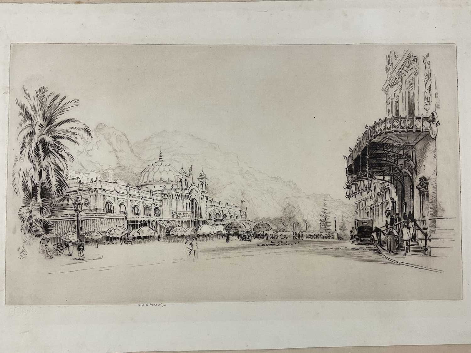Lot 66 - Fred A Farrell (1882-1935) etching - ‘The Boulevard at Cannes’, 38cm x 22cm, laid on board, unframed
