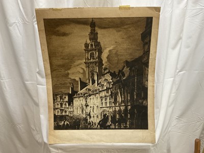 Lot 65 - Continental school, early 20th century etching - figures before town buildings, indistinctly signed