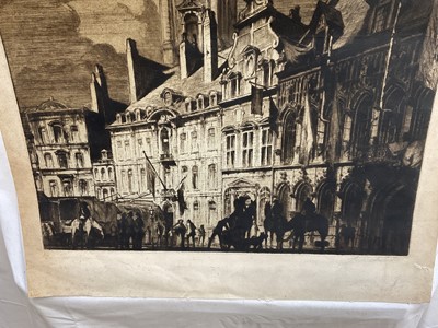 Lot 65 - Continental school, early 20th century etching - figures before town buildings, indistinctly signed