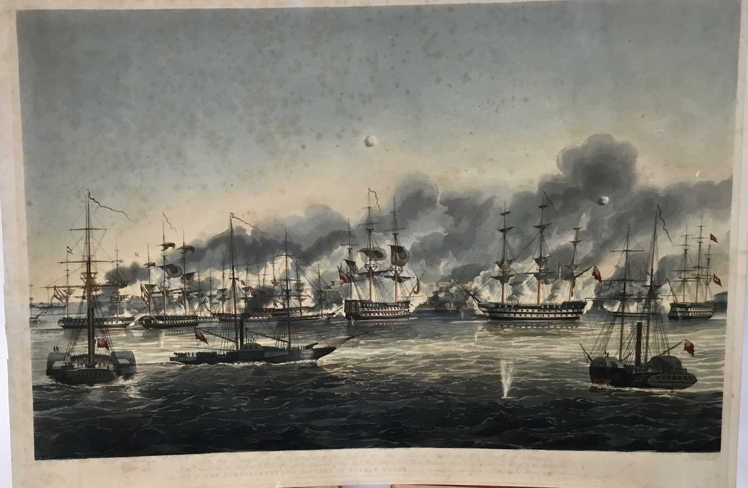 Lot 54 - 19th century etching and aquatint - The bombardment and capture of Jean D'Acre, 66cm x 45cm, unframed