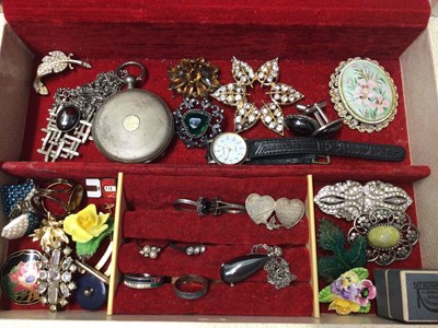 Lot 59 - Jewellery box containing vintage costume jewellery, silver full hunter pocket watch and bijouterie