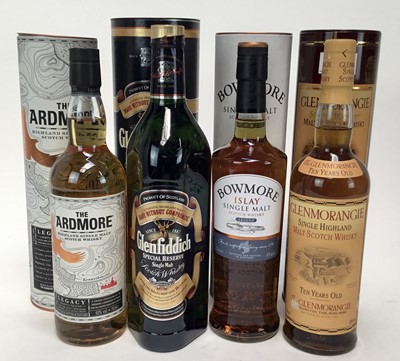 Lot 86 - Whisky - four bottles, Bowmore Islay Single Malt, Genfiddich (1 litre), Glenmorangie Ten Years Old and The Ardmore, each in orignal tube