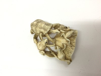 Lot 14 - Unusual antique Japanese ivory model of a tortoise and a group of frogs, measuring 7cm long
