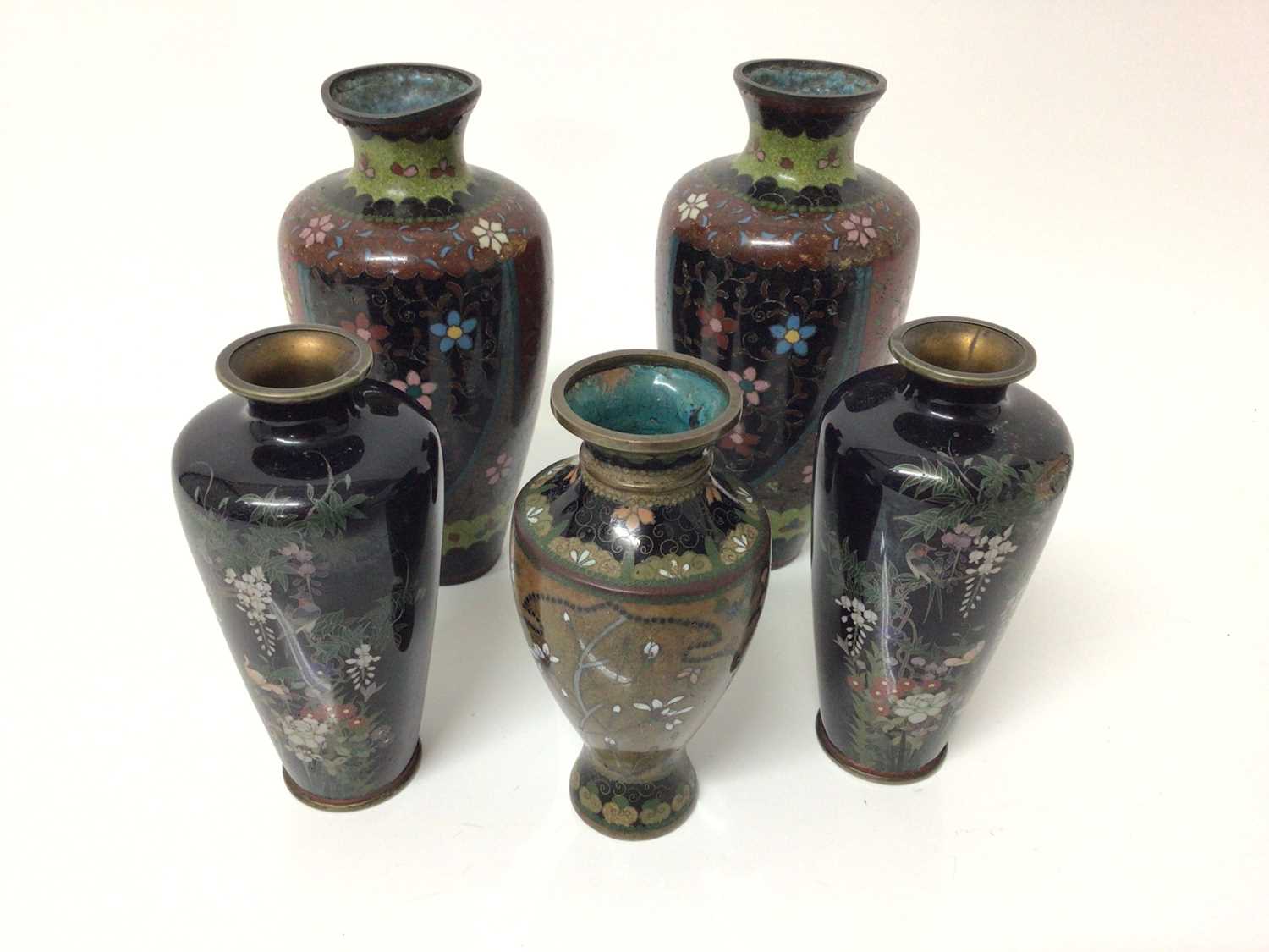Lot 17 - Five Japanese cloisonné vases, circa 1900, including two pairs and another, the largest measuring 15.5cm high