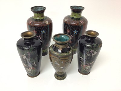 Lot 17 - Five Japanese cloisonné vases, circa 1900, including two pairs and another, the largest measuring 15.5cm high