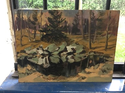 Lot 390 - Oil on board painting of a forest, possibly Canadian school, signed Coupland lower right