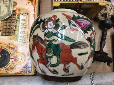 Lot 326 - Chinese famille verte ginger jar, Chinese scroll, Chinese ivory puzzle ball and stand, Persian miniature chest of drawers Etc
