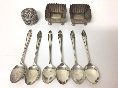 Lot 32 - Set six silver coffee spoons, pair silver salts and Continental silver (800) pill pot