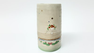 Lot 1019 - Clarice Cliff cylindrical vase with ribbed body, decorated with flowers and trees