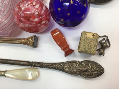 Lot 430 - Three Victorian coloured glass scent bottles, two pairs old spectacles, mother of pearl card case, small carnelian seal and other items of virtu