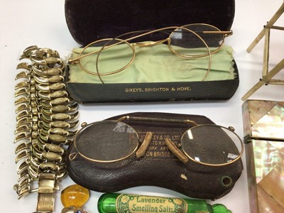 Lot 430 - Three Victorian coloured glass scent bottles, two pairs old spectacles, mother of pearl card case, small carnelian seal and other items of virtu