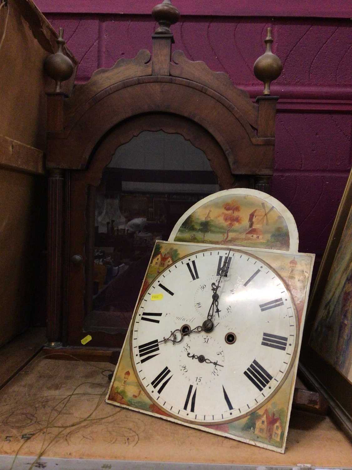 Lot 576 - 19th century long case clock movement with painted enamel dial and hood.