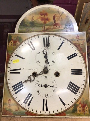 Lot 576 - 19th century long case clock movement with painted enamel dial and hood.