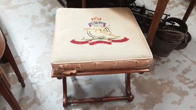 Lot 844 - Victorian mahogany X frame stool with regimental embroiled needlework seat for the Royal Engineers, together with two other footstools