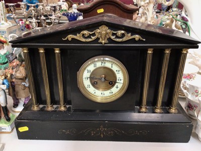 Lot 304 - Early 20th century black slate mantel clock, together with two mantel clocks with presentation plaques and another mantel clock (4)