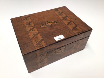 Lot 89 - Victorian parquetry inlaid work box containing vintage costume jewellery and bijouterie